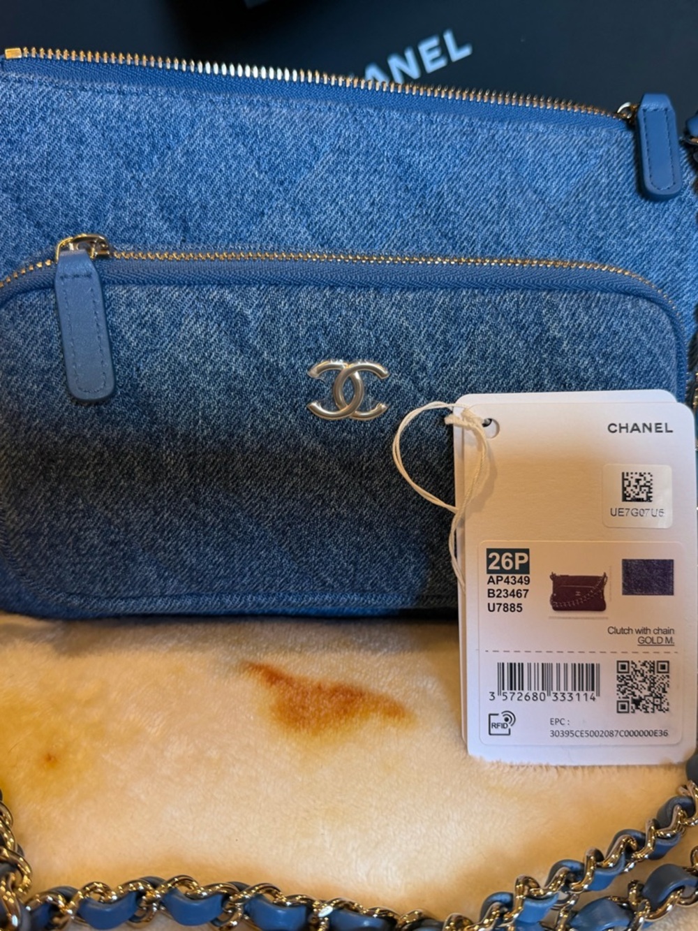 CHANEL washed Denim Double-Zip Chain Crossbody with Gold Hardware